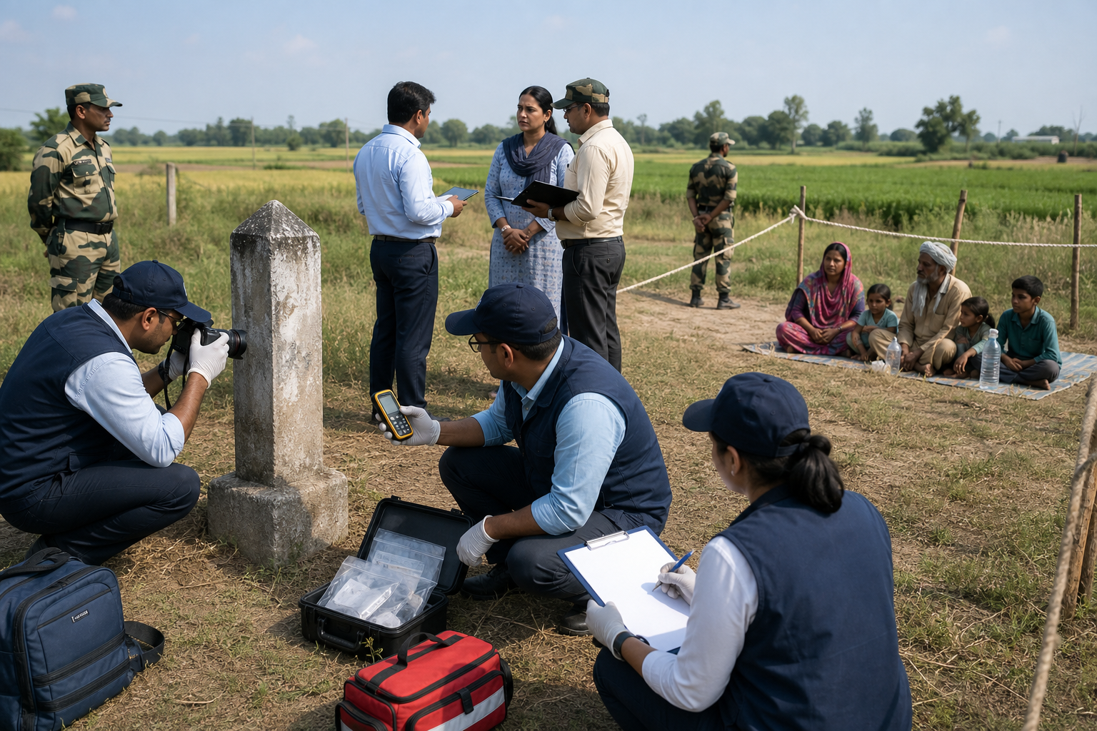 Officials and legal observers document a border marker while other responders speak with a farming family in a protected area.