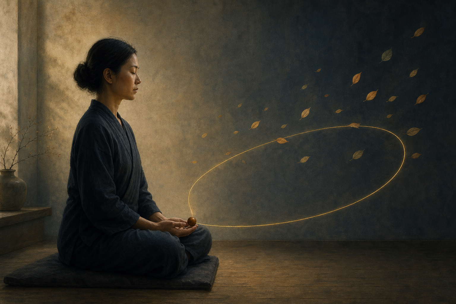 A seated practitioner is surrounded by drifting leaves as a golden thread curves back toward a wooden prayer bead.