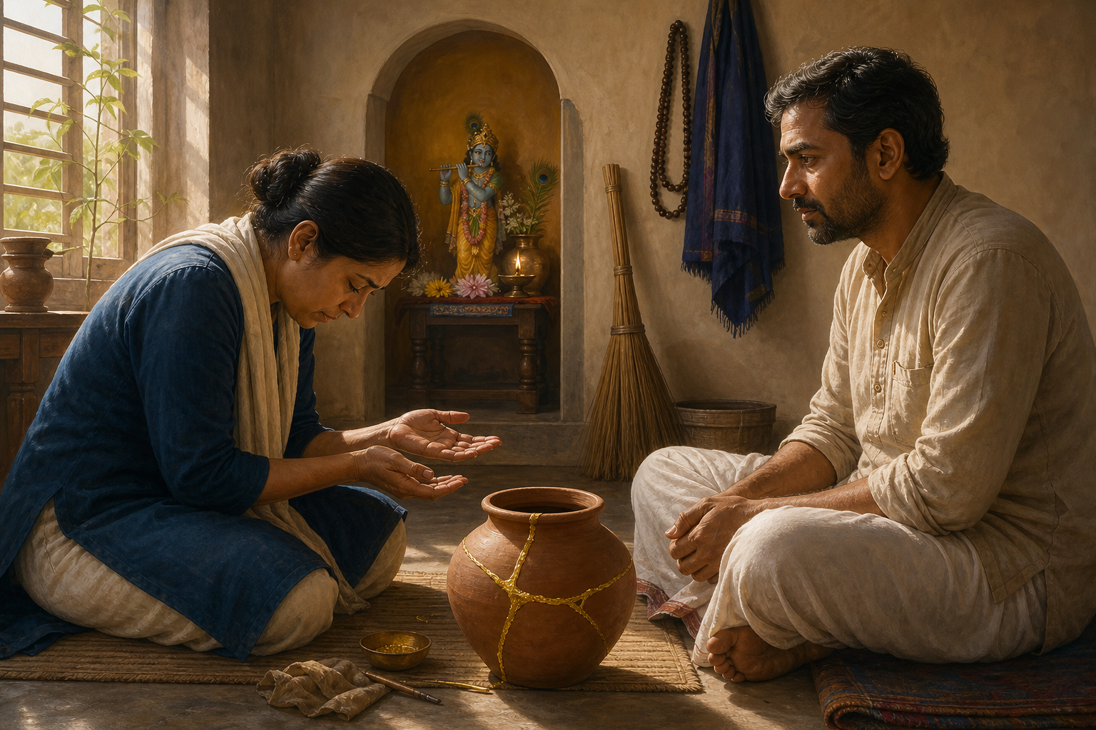 A devotee repairs a cracked clay pot while offering an apology to another person, with prayer beads and a small Krishna altar nearby.