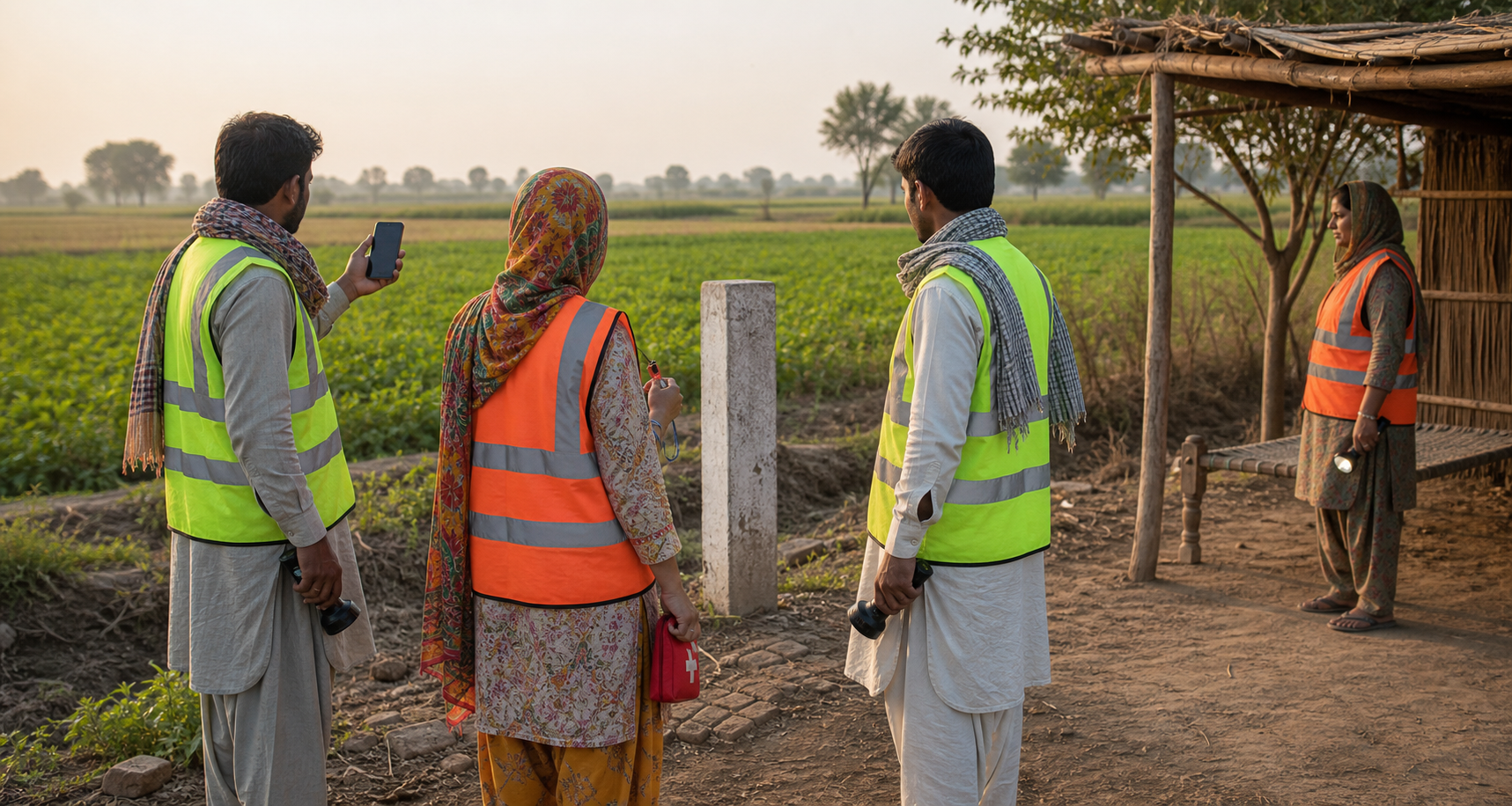 Three farmers prepare beside a field with a phone, whistle, first-aid pouch and a family watch point visible nearby.