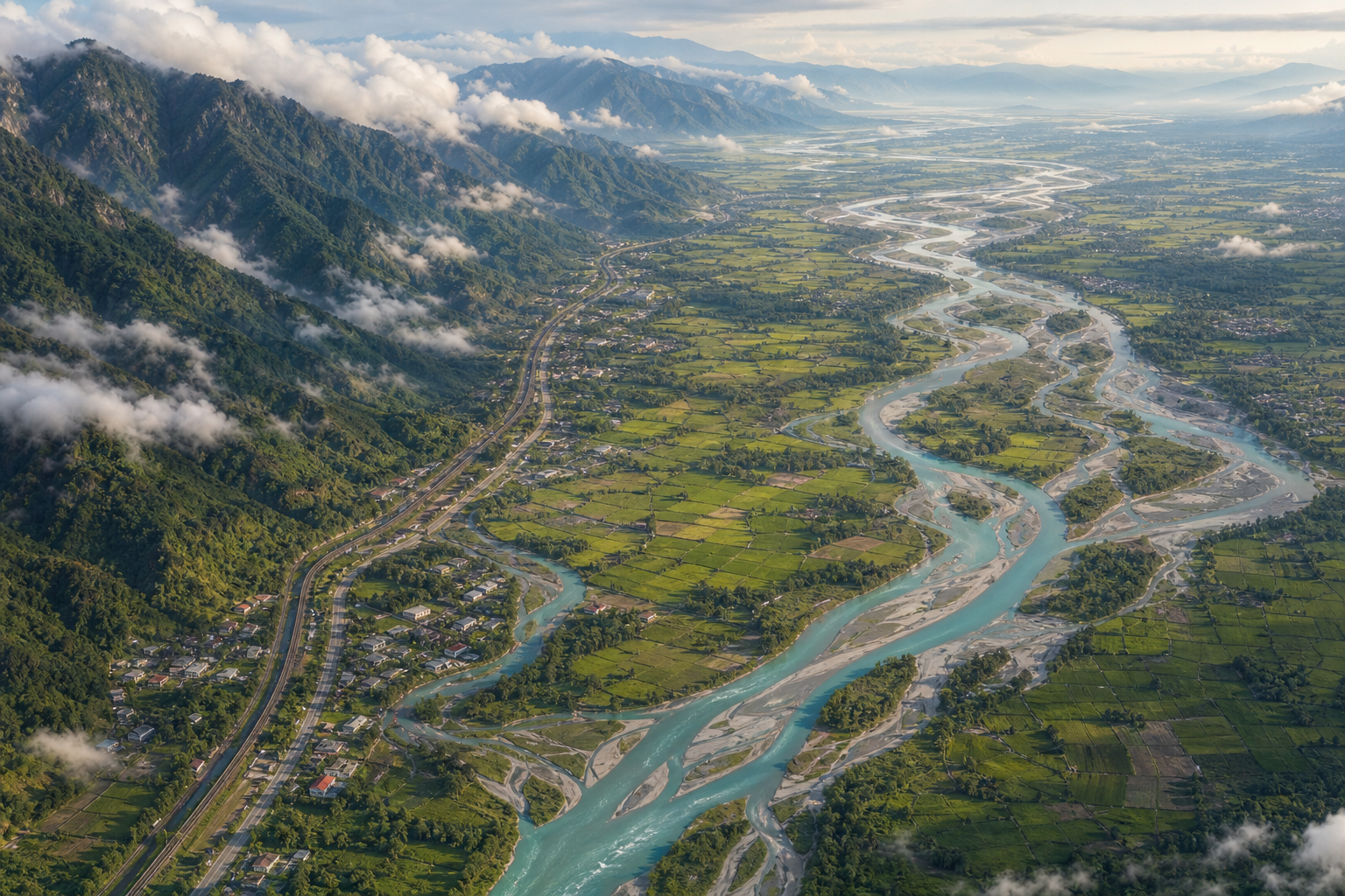 Aerial illustration of the Teesta flowing from Himalayan foothills across cultivated plains, with a narrow railway and highway corridor visible near Siliguri.