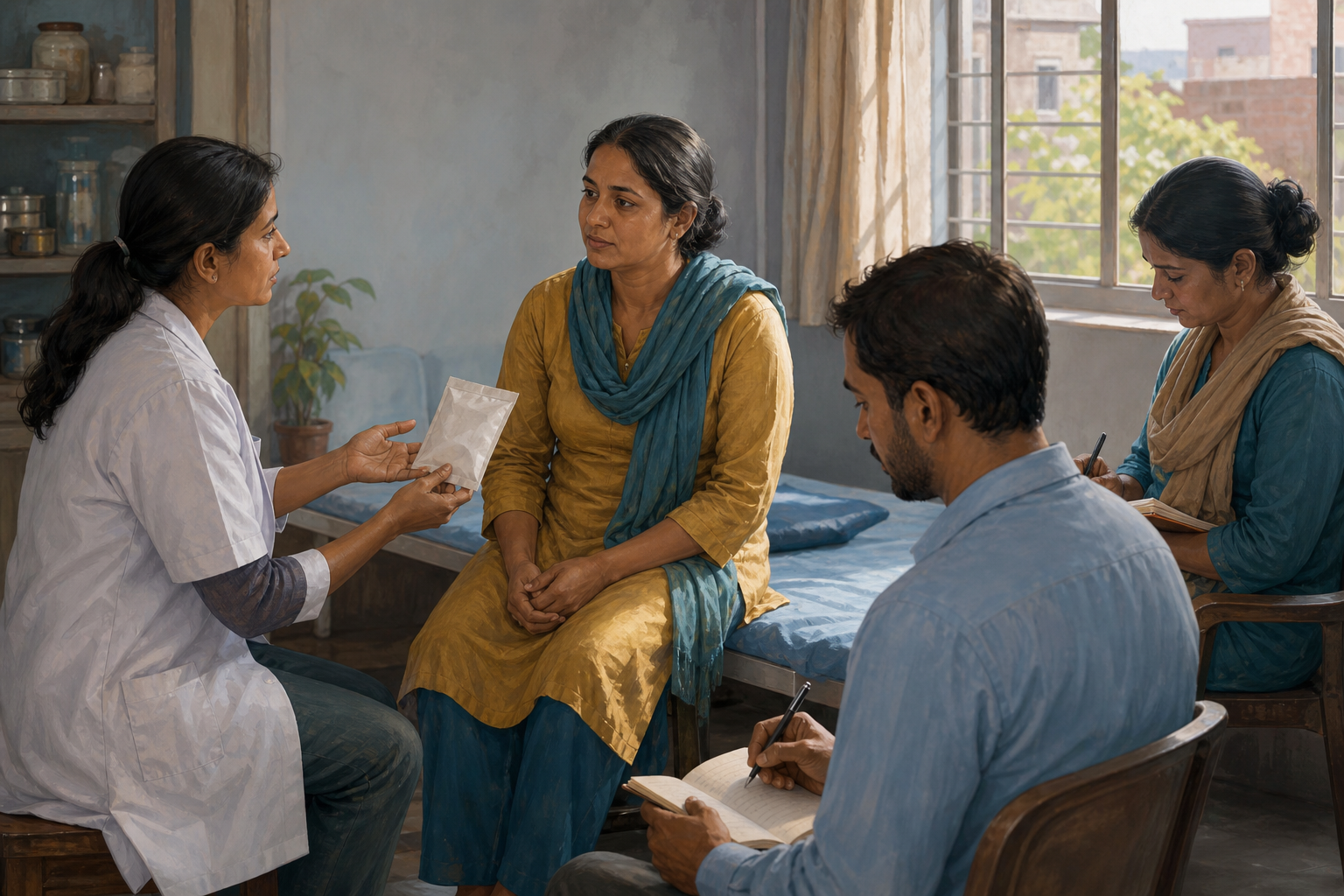 A patient receives medicine from a healthcare worker while two community volunteers calmly listen and document the situation nearby.
