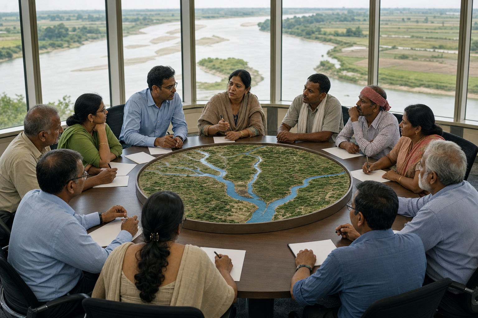 Hydrologists, farmers' representatives, engineers, and officials discuss an unlabeled river-basin model in a meeting room overlooking a river and farmland.