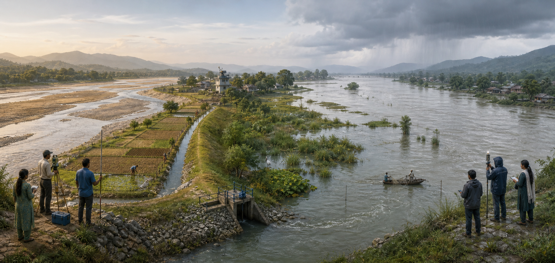 A Teesta floodplain scene shows dry-season and monsoon conditions, irrigated farms, wetlands, water-control gates, fishers, embankments, and monitoring teams on both banks.