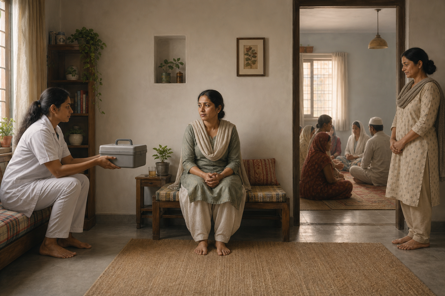 A patient is shown between an unconditional offer of medical help and a separate doorway leading to a small prayer gathering.
