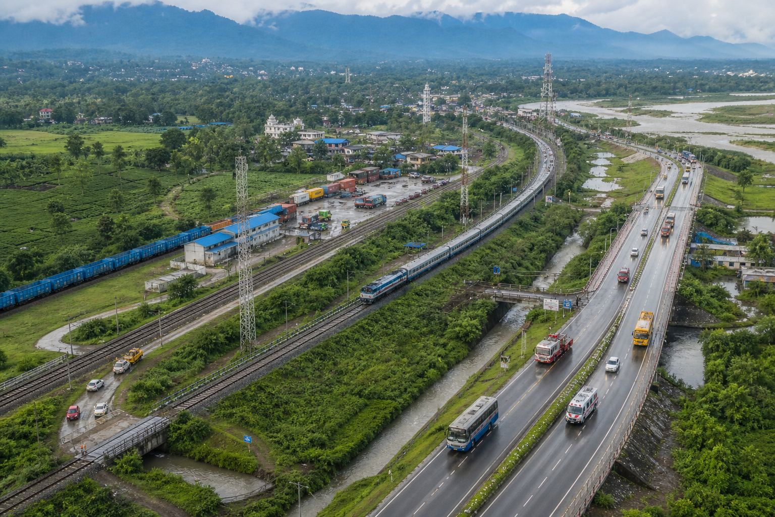 Rail, highway, bridges, drainage works, communications masts, maintenance crews, and civilian traffic cross the narrow green plain of the Siliguri Corridor.