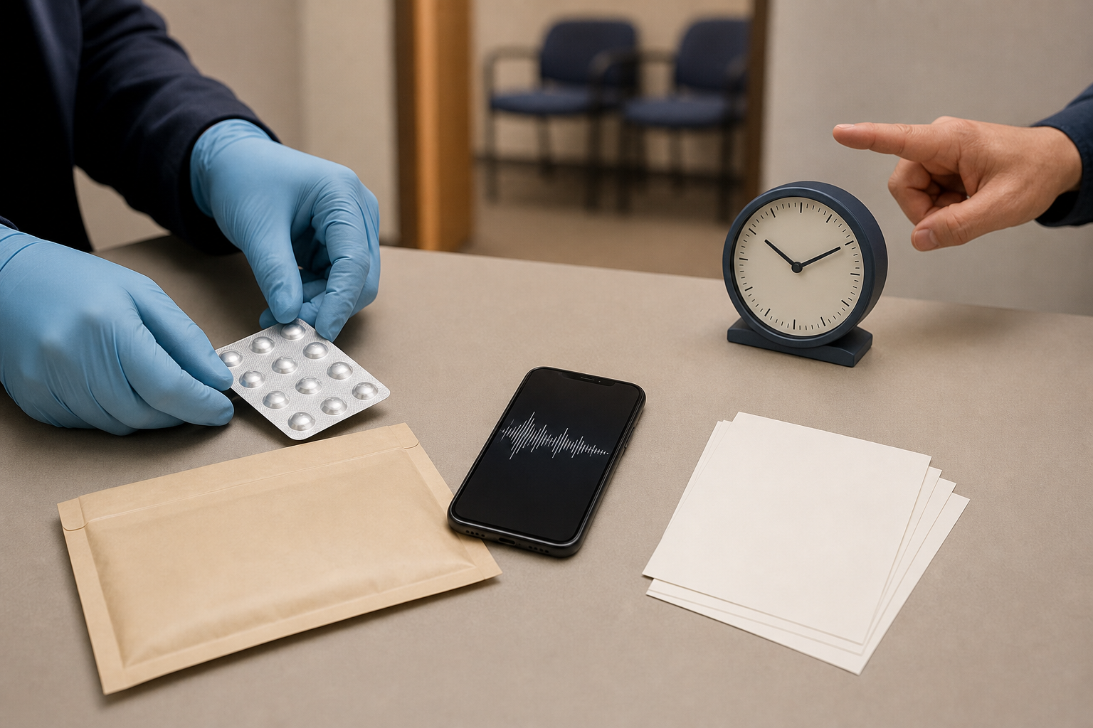 Hands organize medicine, a sealed envelope, a phone recording, blank note cards, and a clock as potential evidence.
