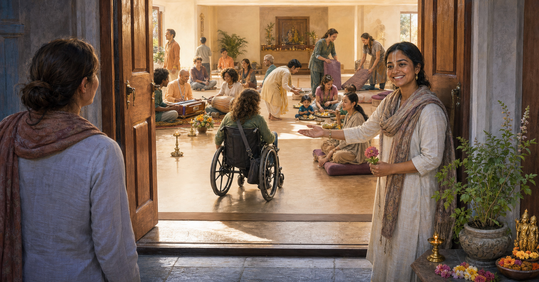 Volunteers welcome people through an accessible doorway into a hall with kirtan, seating, flowers, and a shared vegetarian meal.