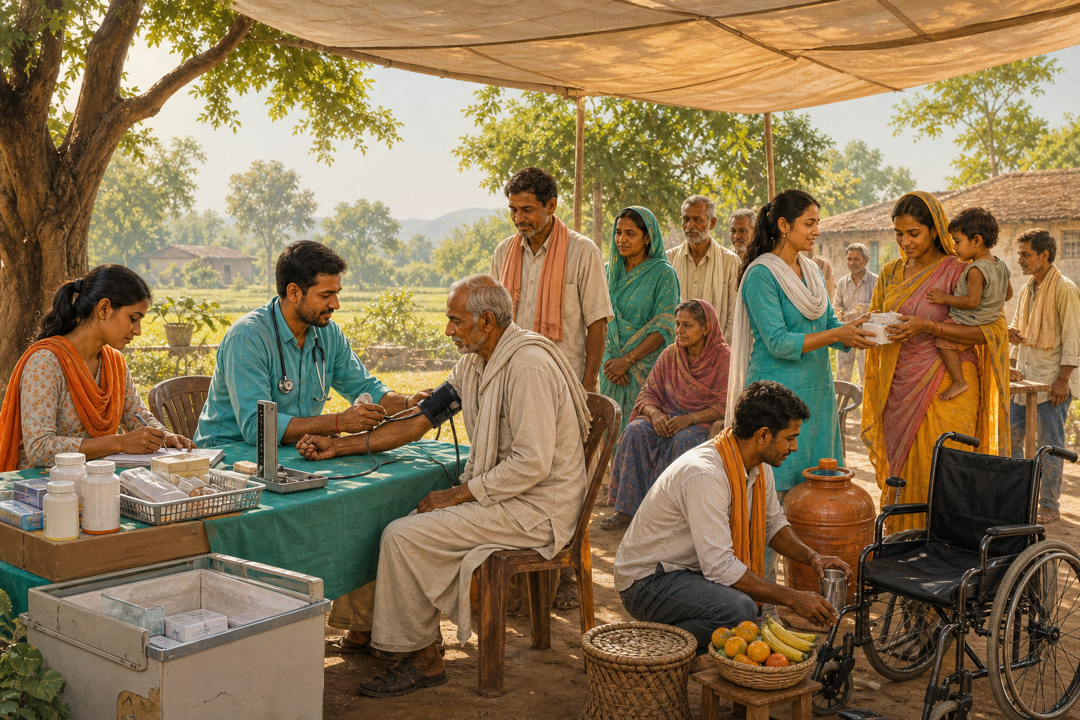 Community volunteers provide free health checks, medicine, water, food, and mobility assistance at an open-air medical camp.