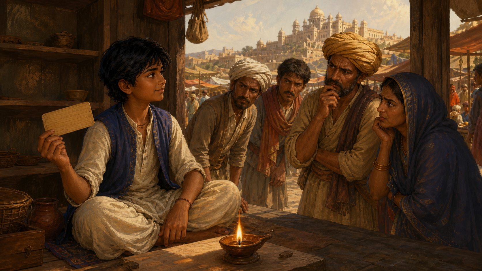 A poor adolescent boy sits in a nearly empty bazaar shop with townspeople outside and a royal palace in the distance.
