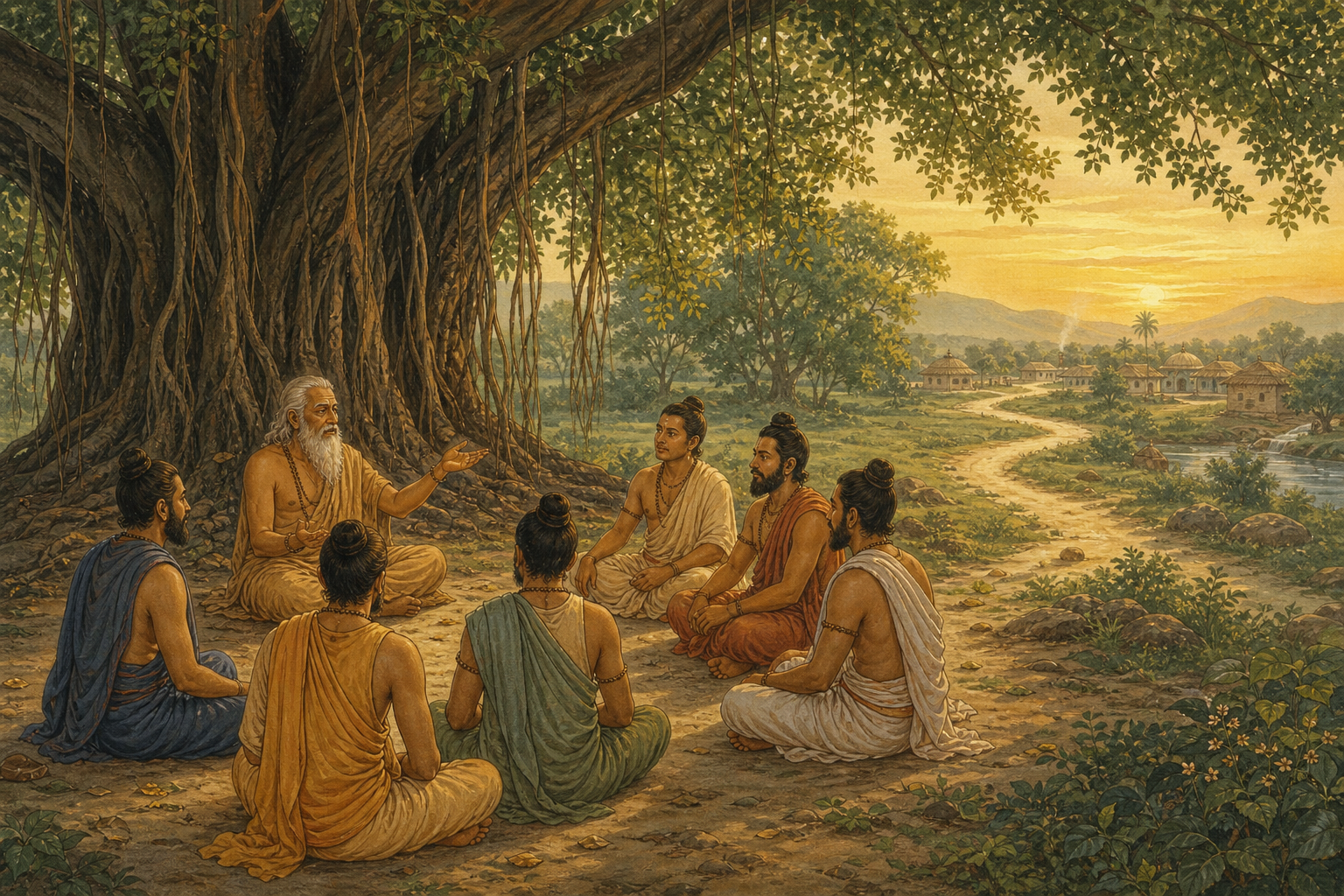 An elder and a small circle of seekers sit in discussion beneath a banyan tree while a sunlit path leads toward a distant village.