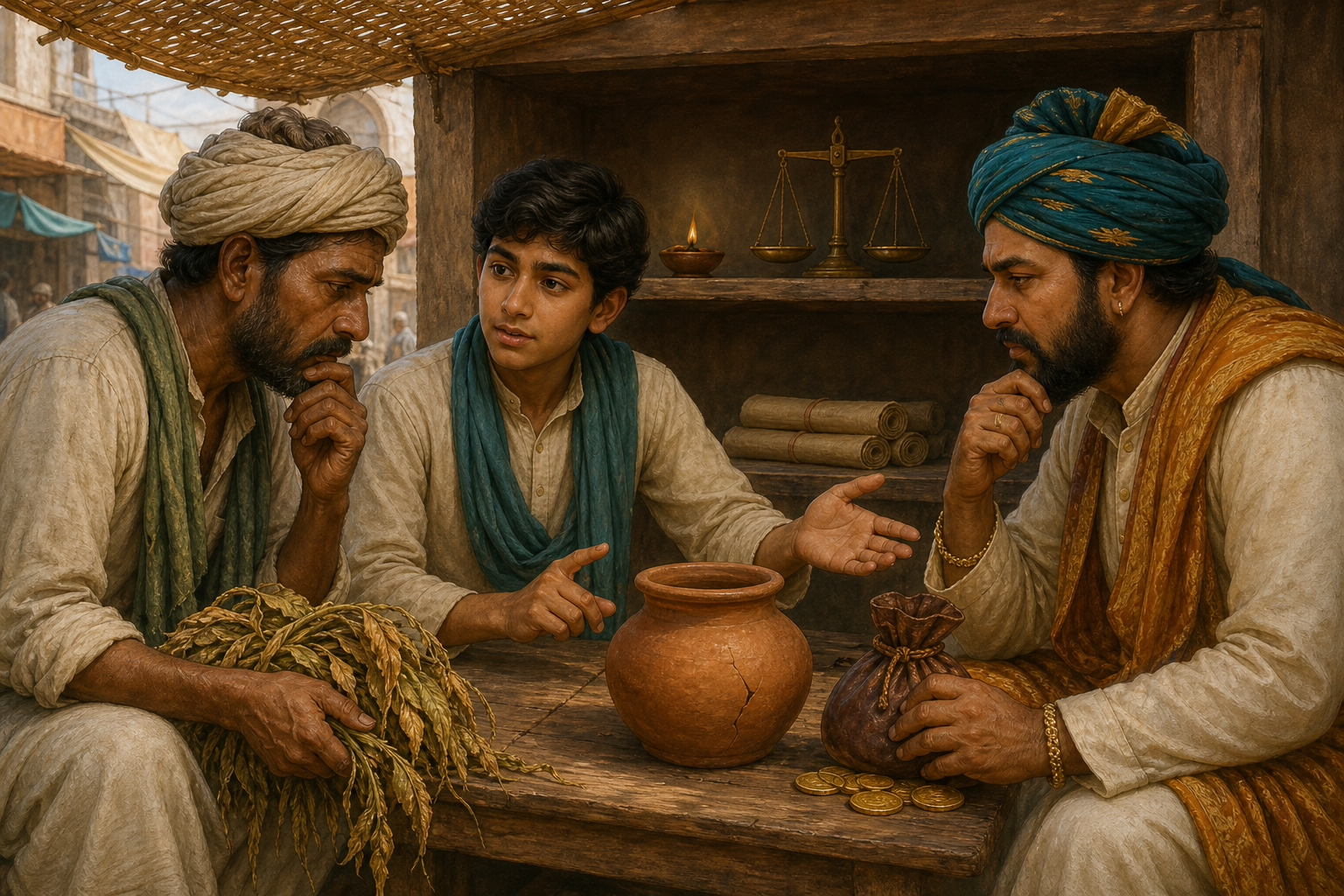 A young shopkeeper listens to a farmer and a merchant beside an oil lamp, balance scale, coins, crops, and a clay vessel.