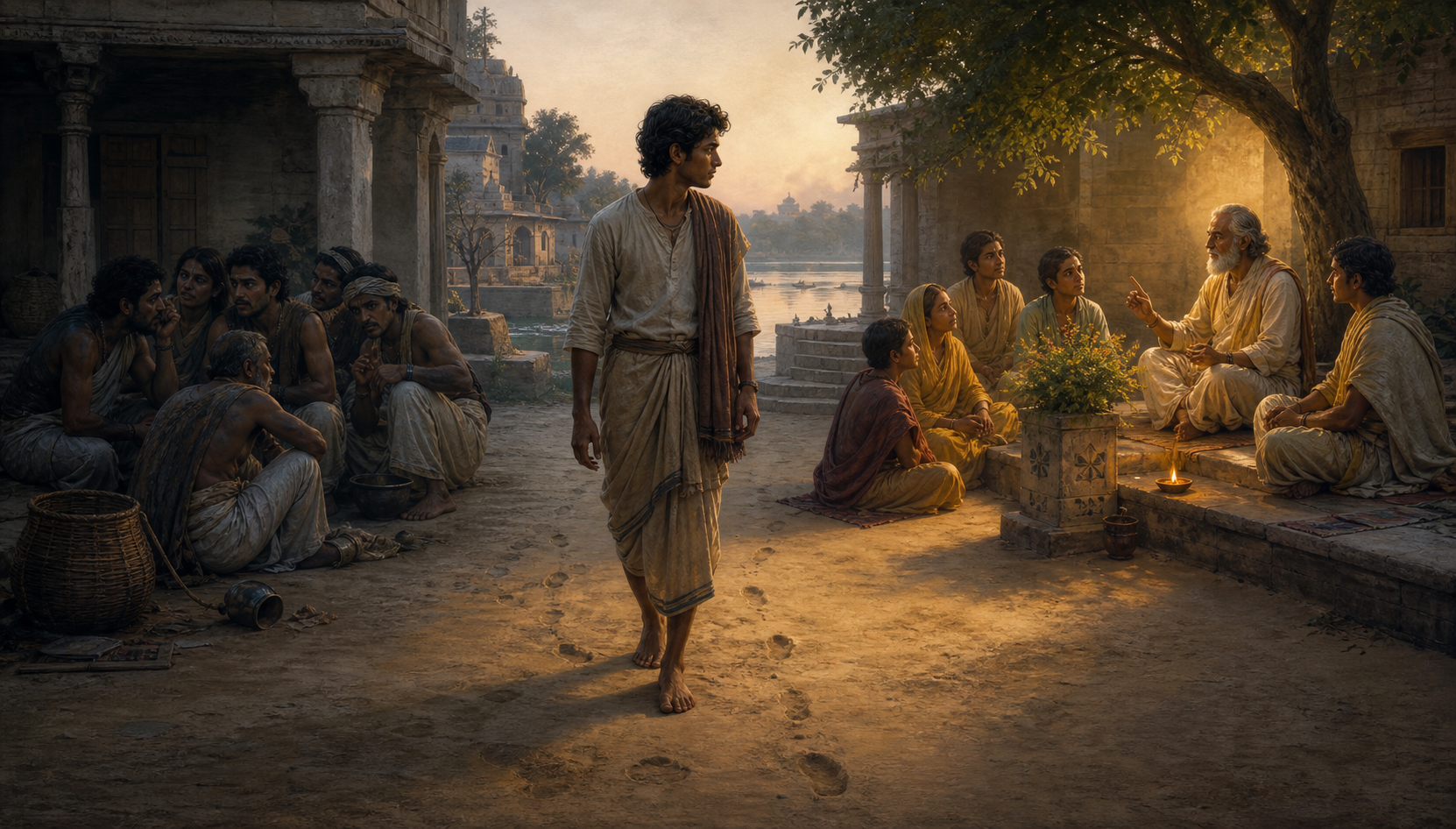 A person in a riverside courtyard stands between a restless group in shadow and a calm gathering beside an elder and an oil lamp.
