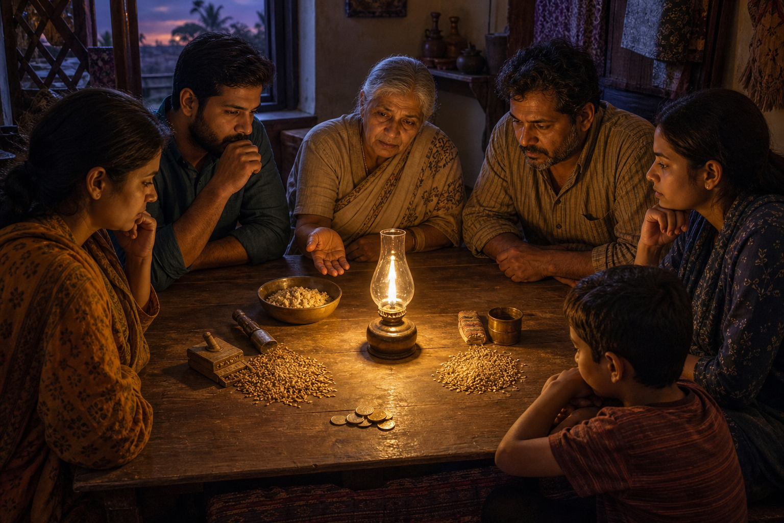 A family weighs care for an elderly relative, household resources, and two possible courses of action around a lamplit table.