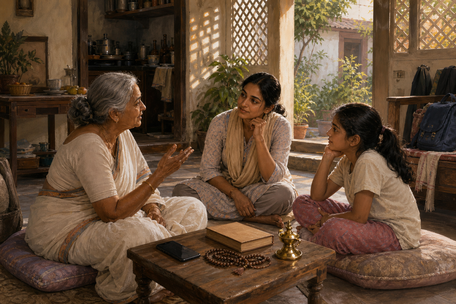 Three generations sit together in a sunlit home, listening to an elder beside an unmarked book, prayer beads, and a brass lamp.