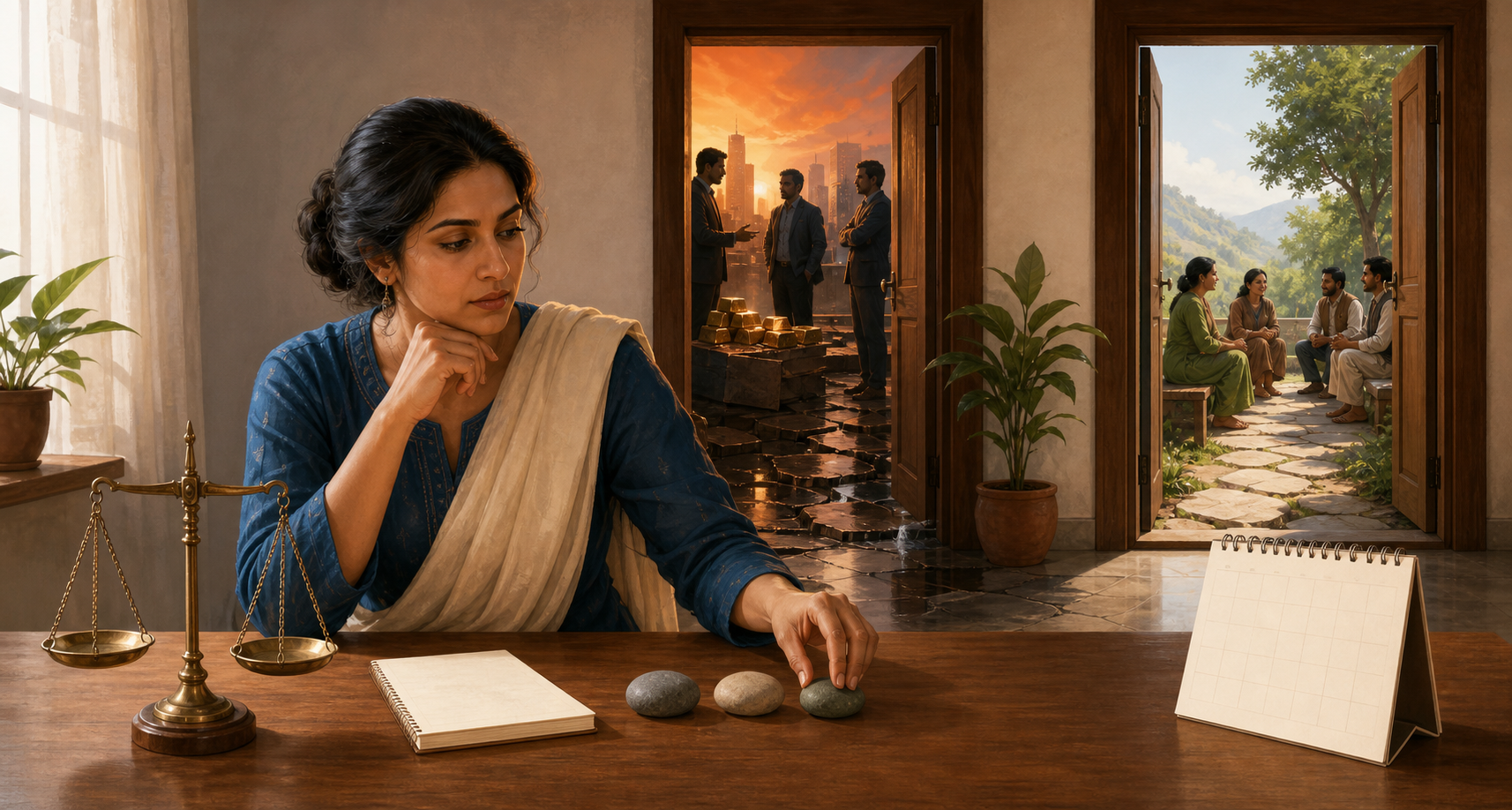 A woman compares two possible paths while arranging three stones beside a balance scale, blank notebook, and blank calendar.