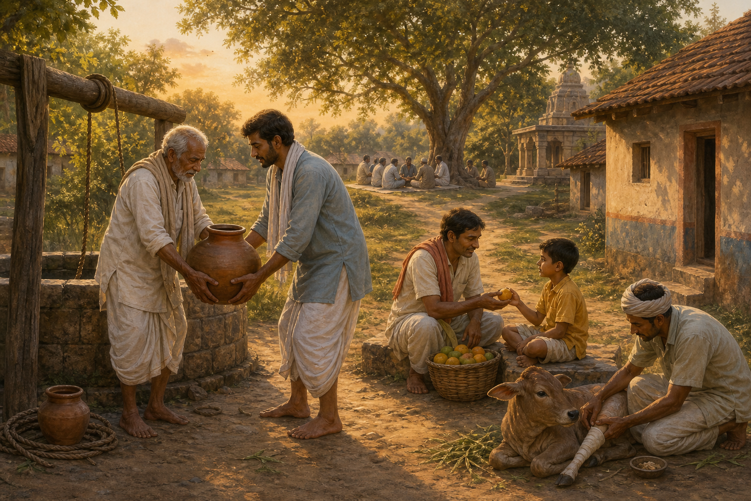 Villagers help an older person at a well, share fruit with a child, and care for an injured calf after leaving a gathering beneath distant trees.