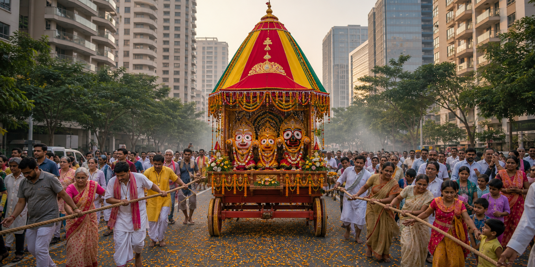 Devotees and local families pull a decorated Jagannath chariot along a residential avenue lined with modern Gurugram buildings.