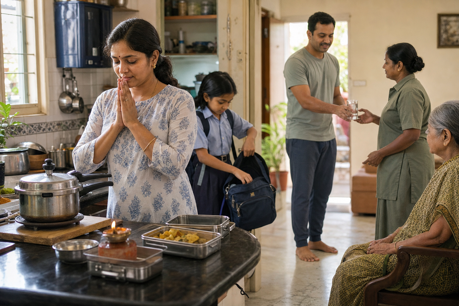 A busy household completes a brief food offering while preparing breakfast, school items, lunch containers, and water for people in the home.