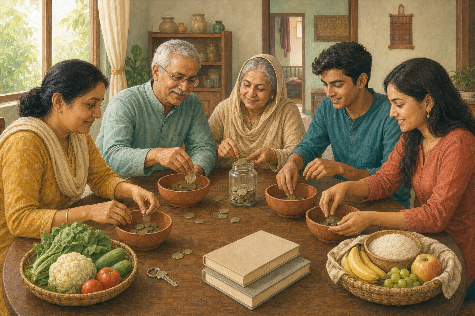 A multigenerational family sits around a table and sorts coins into unmarked containers beside food, a key, blank books and a basket of produce.