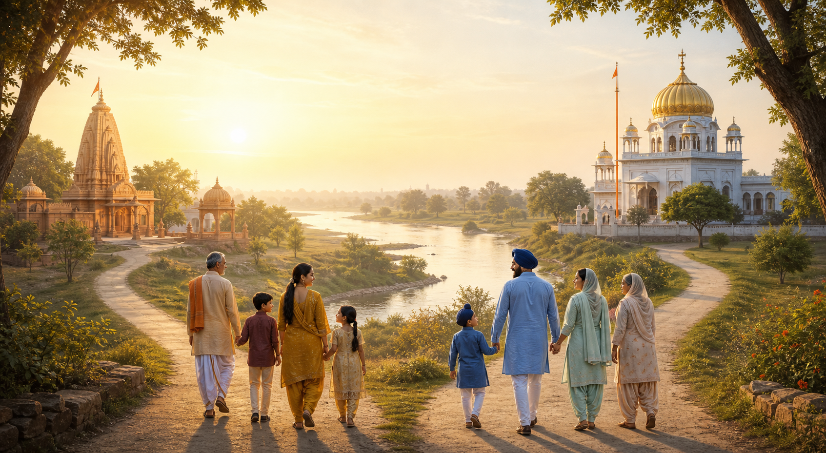 Hindu and Sikh families walk on two neighboring paths through a shared landscape toward a temple and a gurdwara.