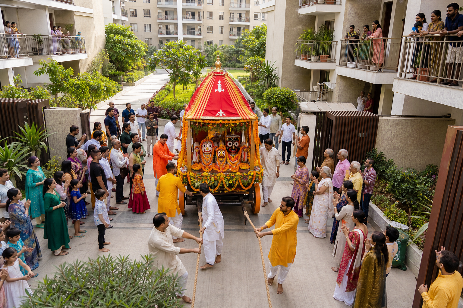 A Jagannath chariot enters a Gurugram apartment courtyard as residents gather on the ground and watch from balconies.