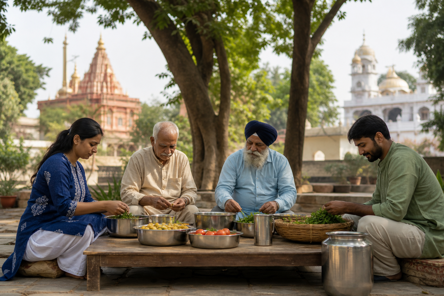 Hindu and Sikh community members prepare vegetarian food together in a shaded courtyard.
