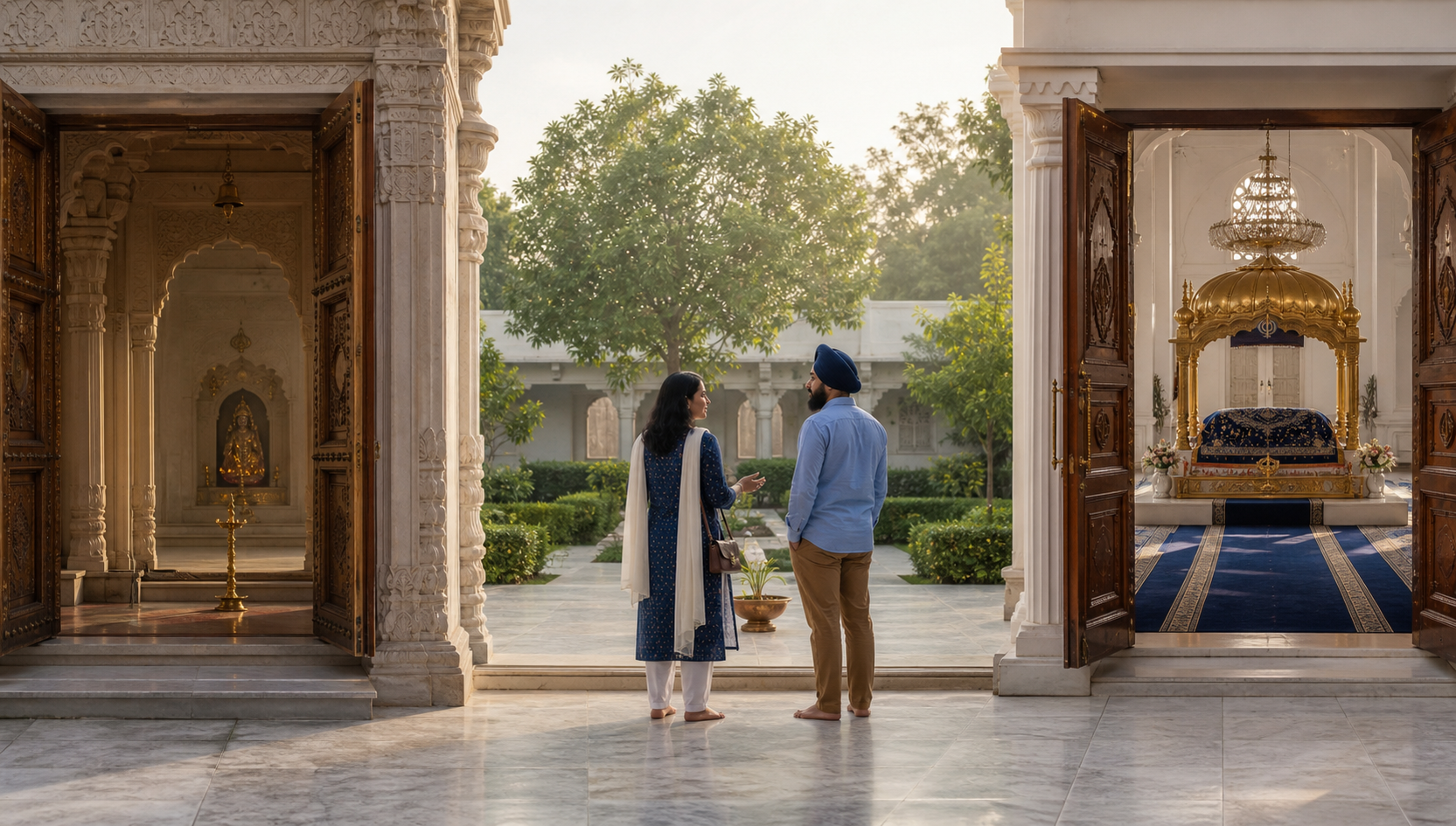 Two visitors stand in a shared courtyard between separate mandir and gurdwara entrances.