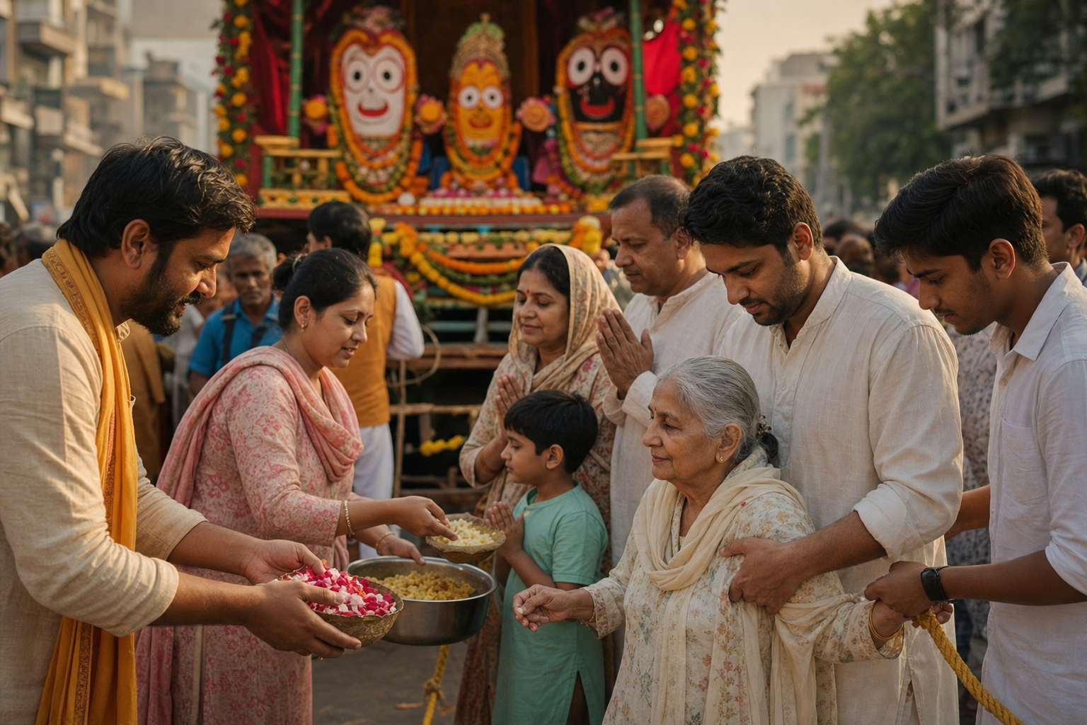 Residents pray, offer flower petals, receive sanctified food and assist an older participant beside a neighbourhood Jagannath chariot.
