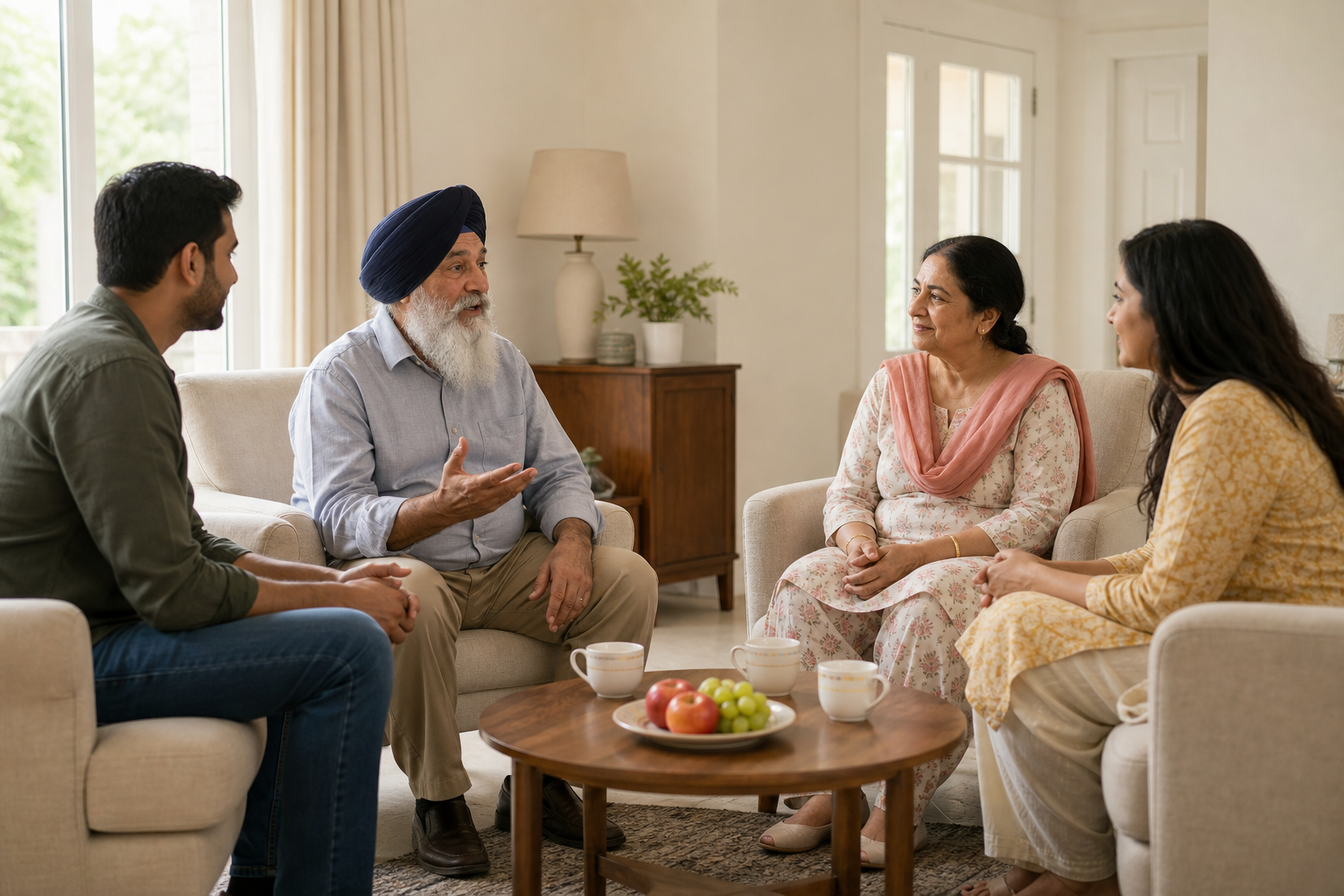 Hindu and Sikh relatives of different generations sit in a circle and talk attentively in a family living room.