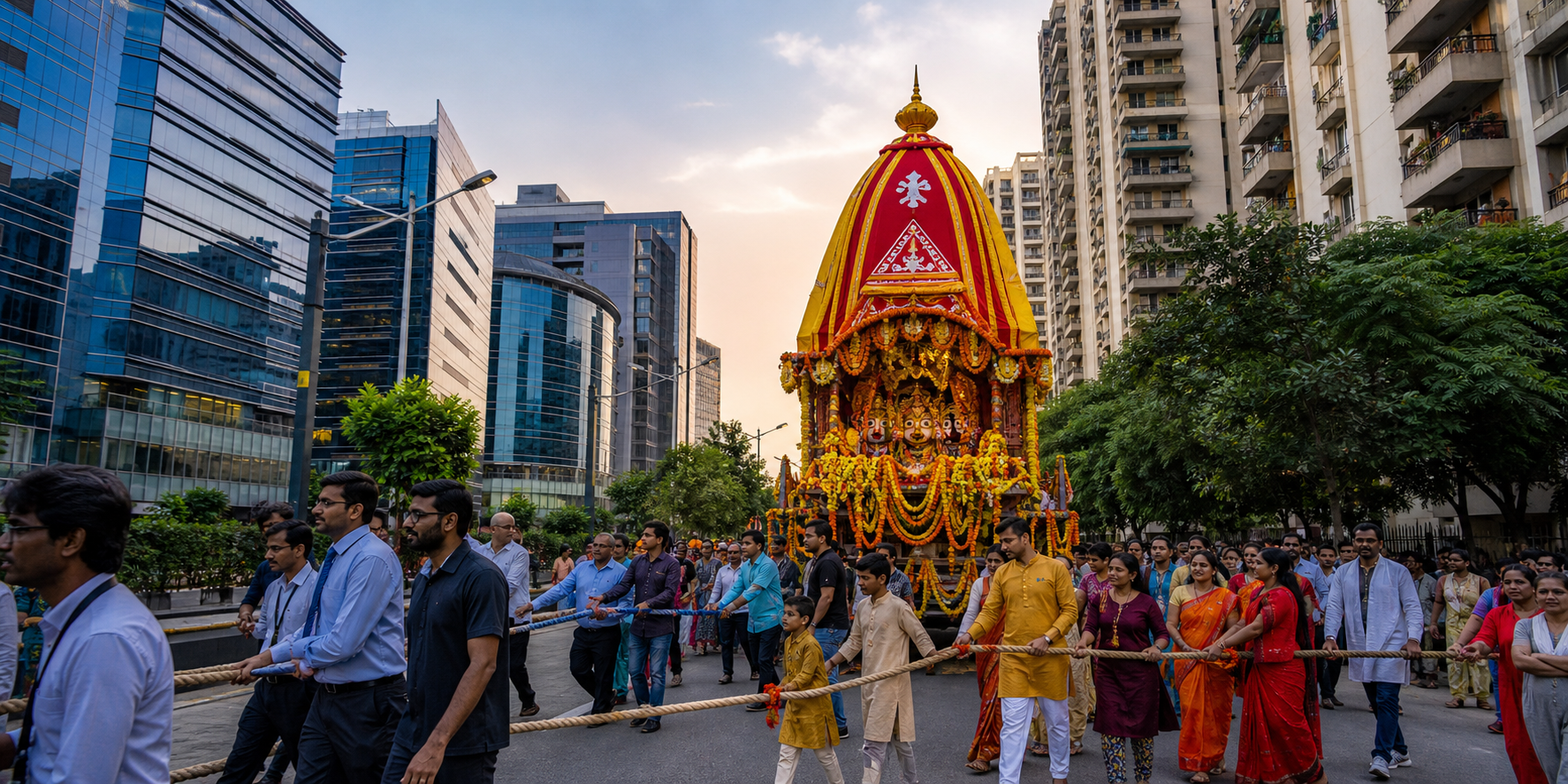 A colorful Jagannath procession travels between Gurugram office towers and residential apartment buildings.