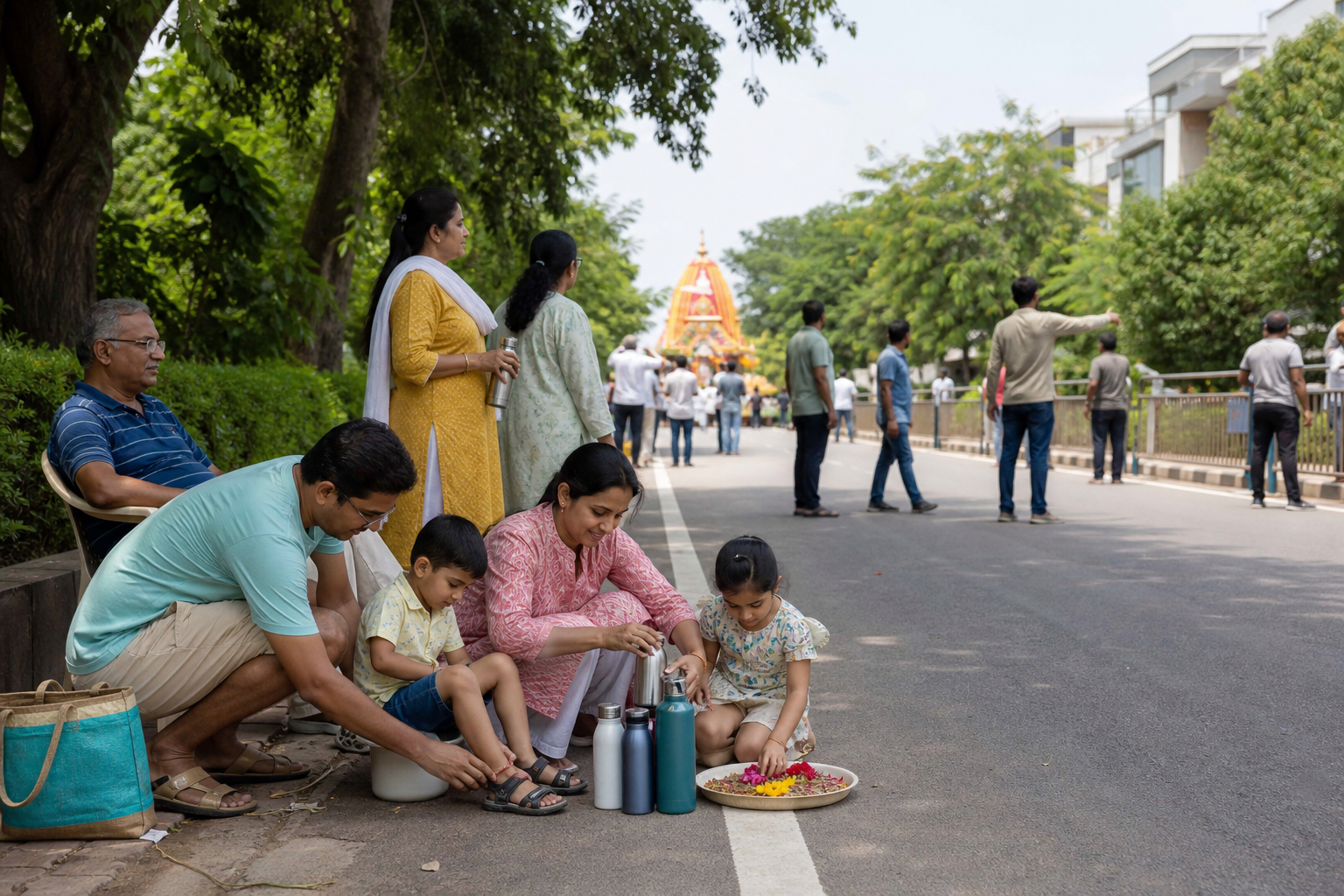 A Gurugram family prepares water, flowers and comfortable footwear while volunteers ready the route for an approaching Rath Yatra.