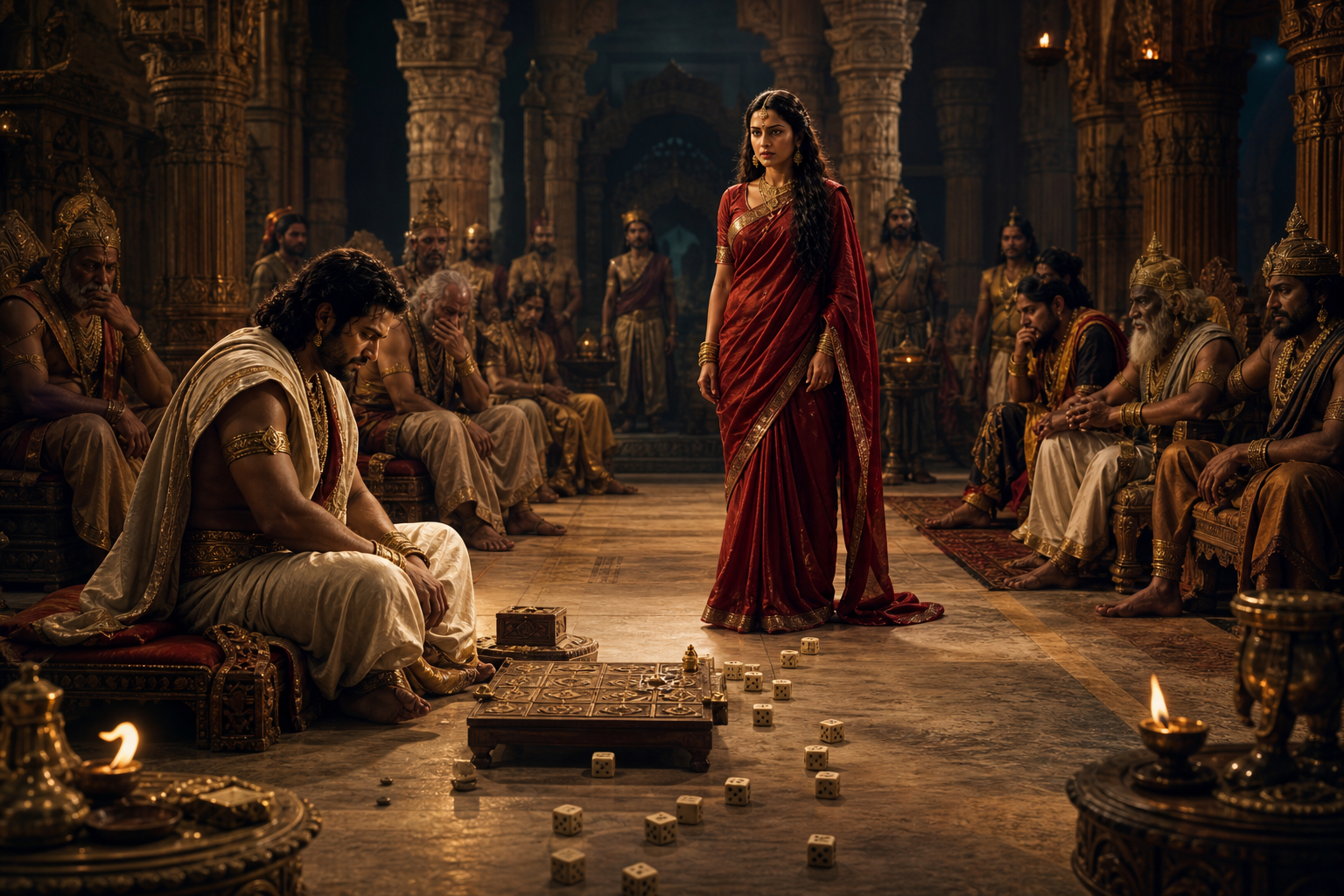 Draupadi stands angrily before Yudhishthira in a shadowed royal assembly hall, with dice scattered beside the gaming board and silent courtiers watching.