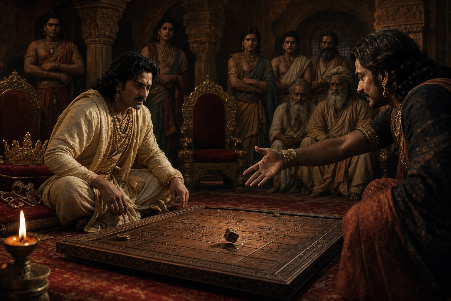 Yudhishthira watches a die land on a wooden gaming board as members of the royal court observe from the shadows.