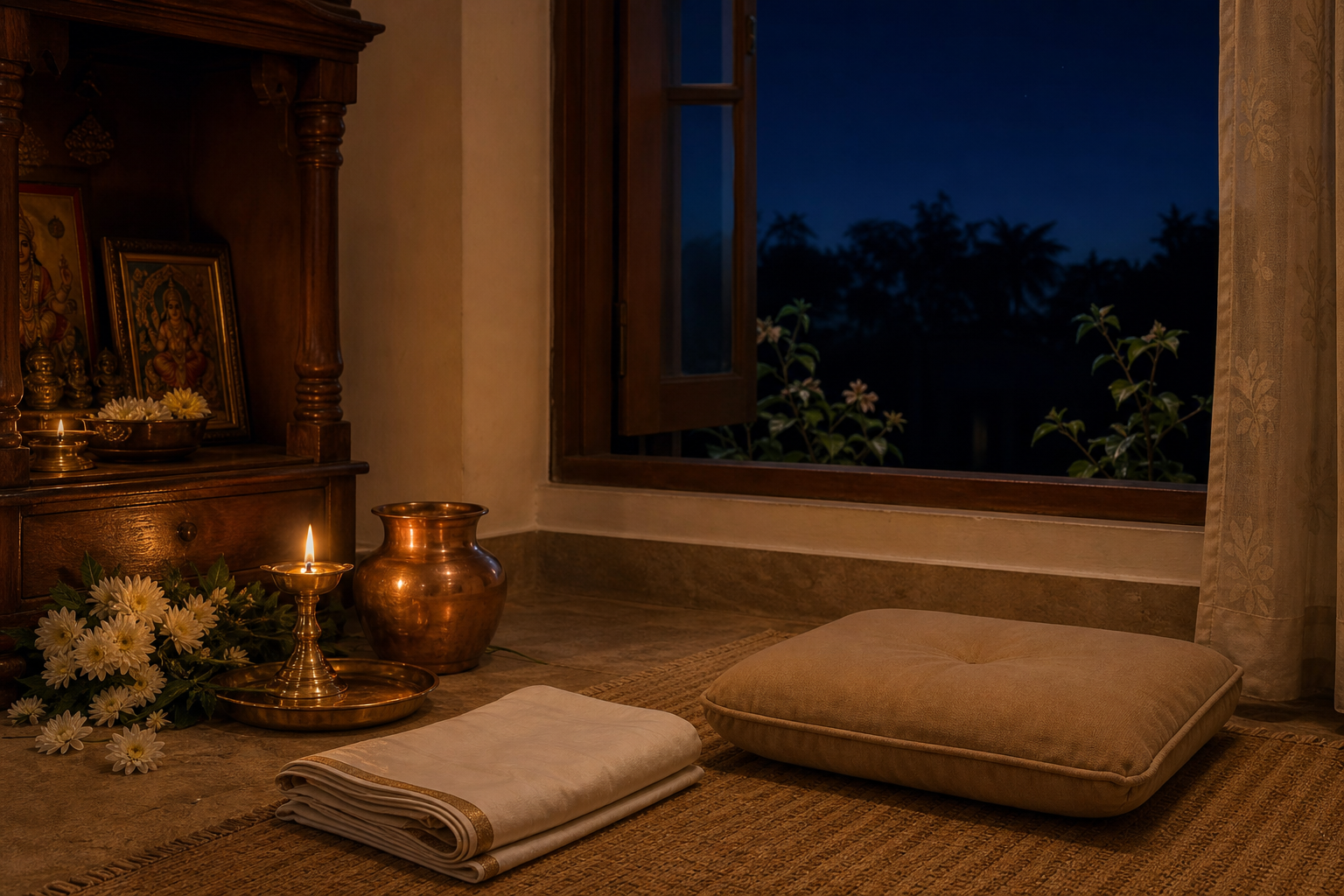 A brass oil lamp, white flowers, copper vessel, and prayer cushion arranged beside a window under a moonless evening sky.