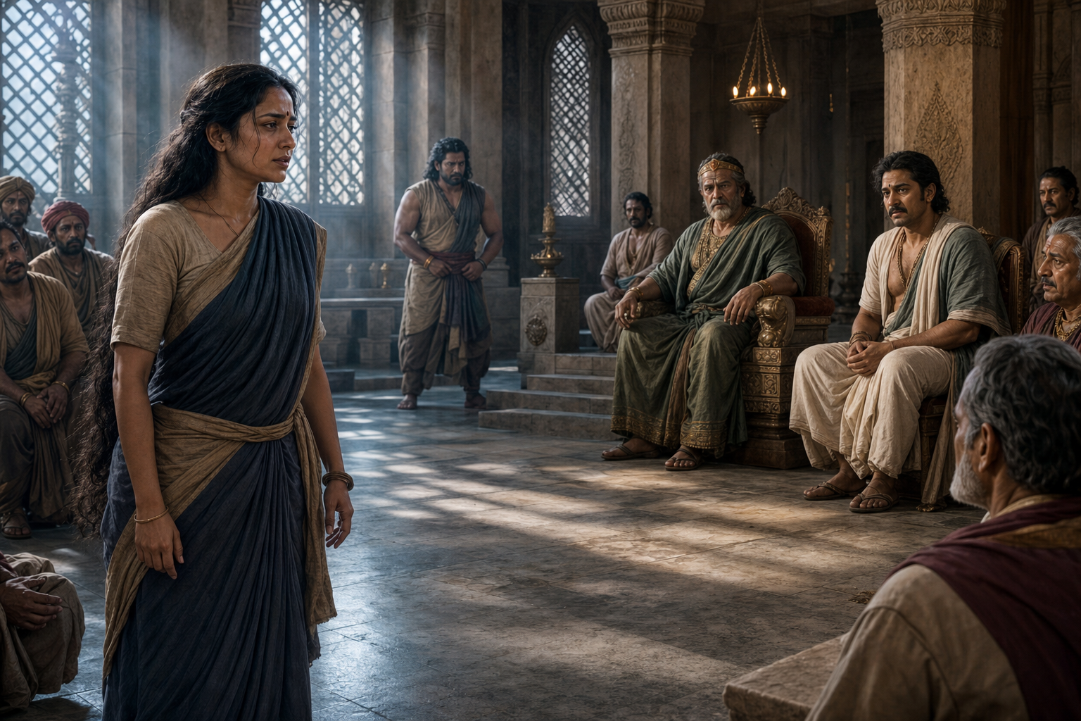 Draupadi, dressed as a palace attendant, confronts the disguised Yudhishthira in Virata's court while Bhima and other courtiers look on.