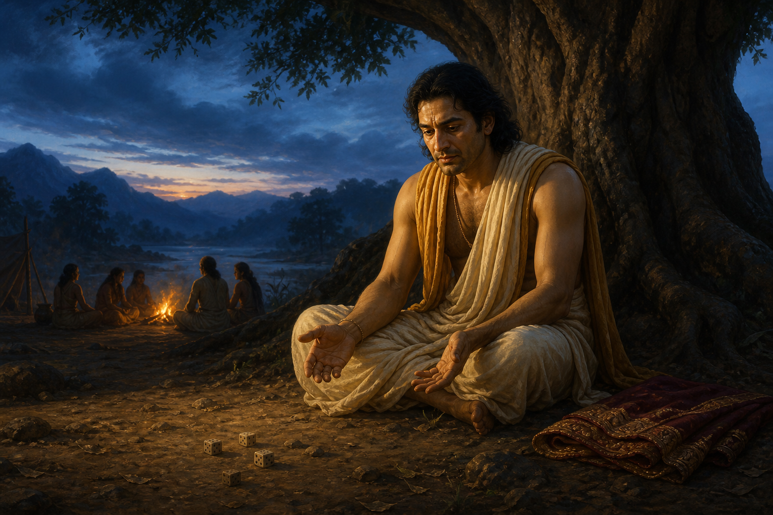 Yudhishthira sits beneath a tree during exile, looking toward abandoned dice as a distant campfire glows behind him.