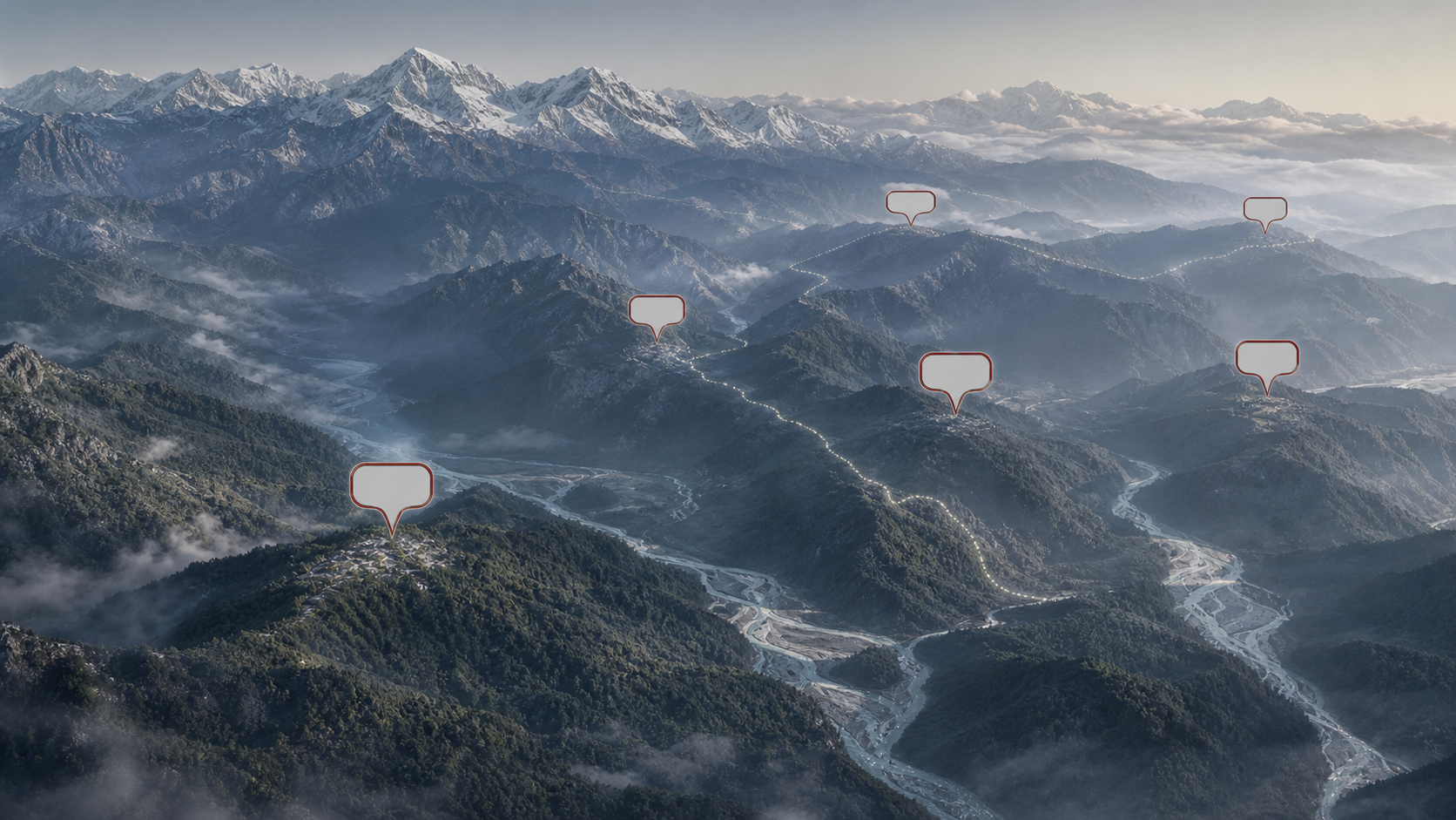 Conceptual aerial view of Himalayan mountains and valleys with blank red-edged place markers suspended above the terrain.