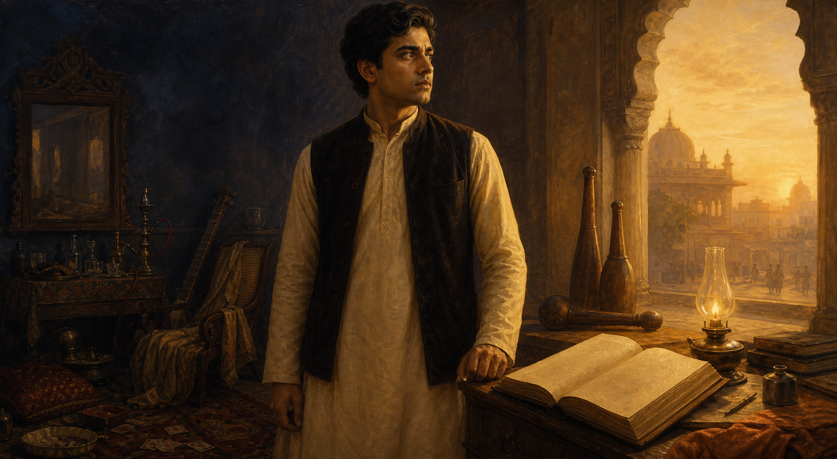 Munshi Ram stands thoughtfully in a late nineteenth-century study between a shadowed disorderly space and a dawn-lit desk with a lamp and open manuscript.