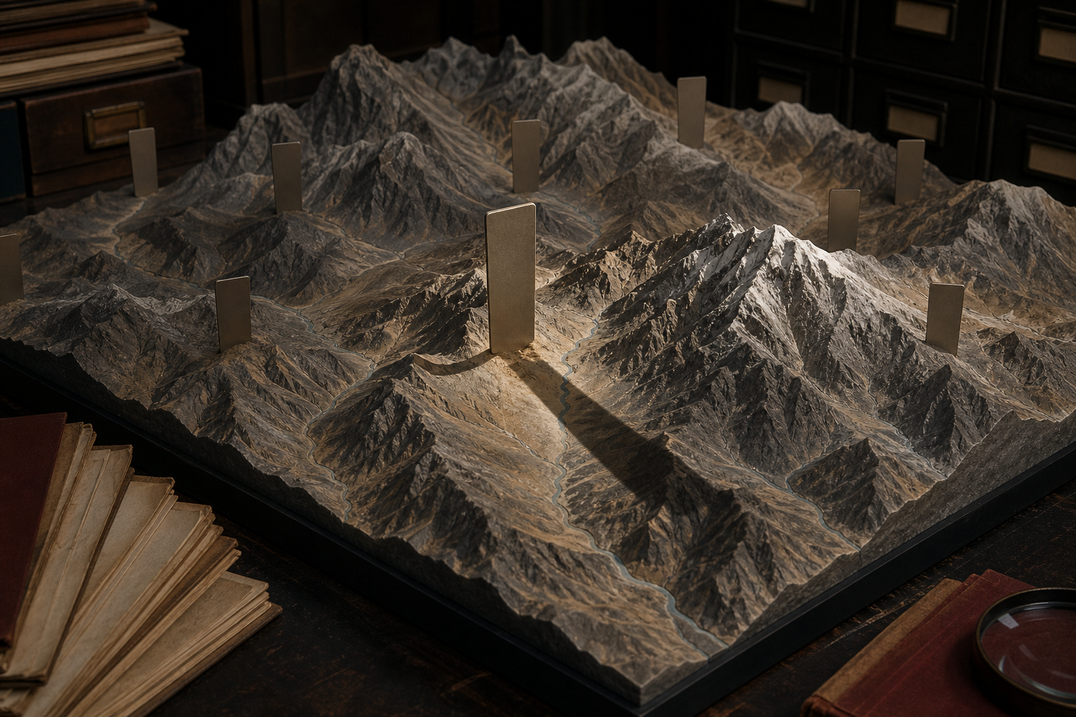 Blank naming plaques are embedded in a three-dimensional relief model of Himalayan mountains and valleys.