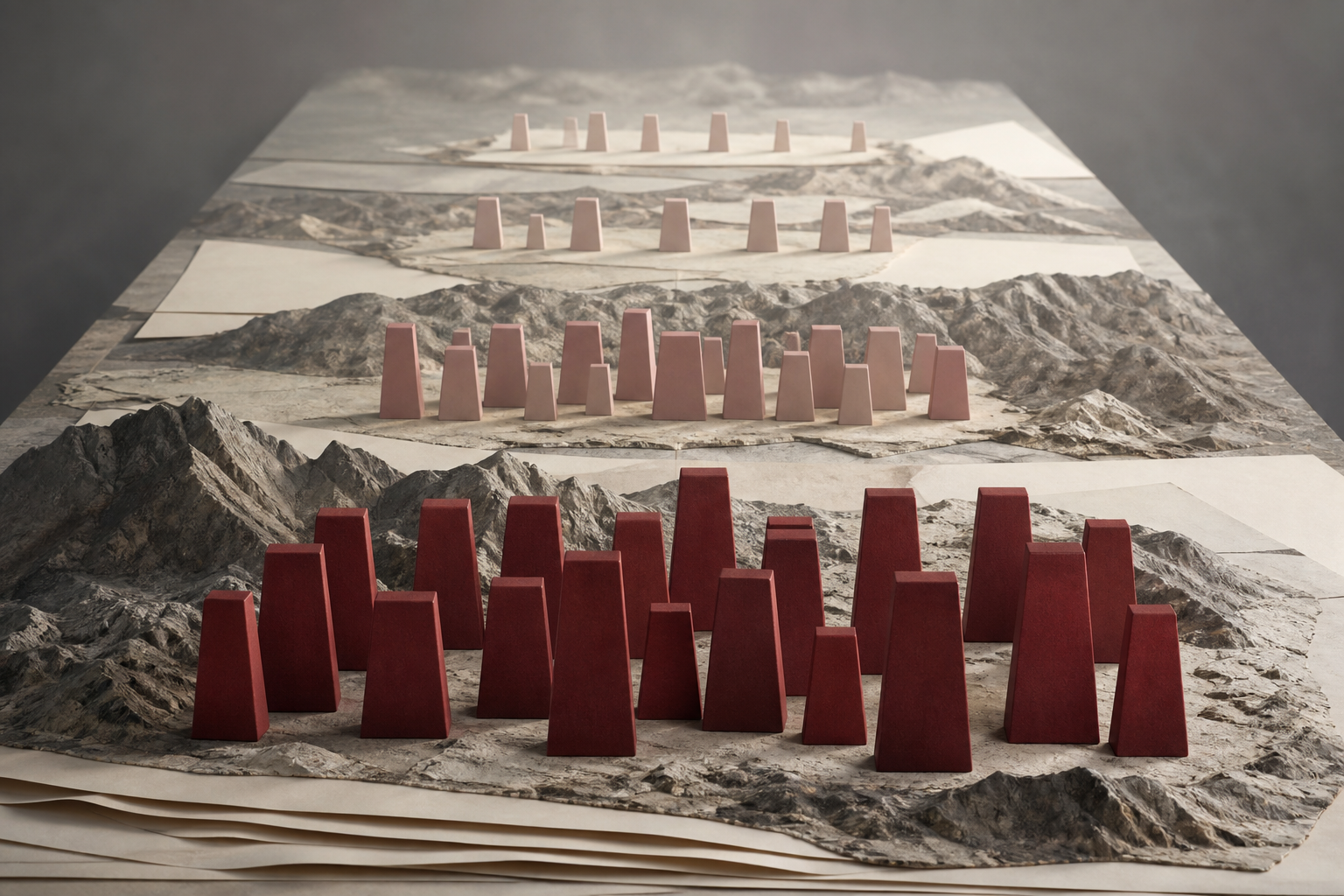 Successive rows of blank markers grow denser across a tabletop model of a mountainous frontier.