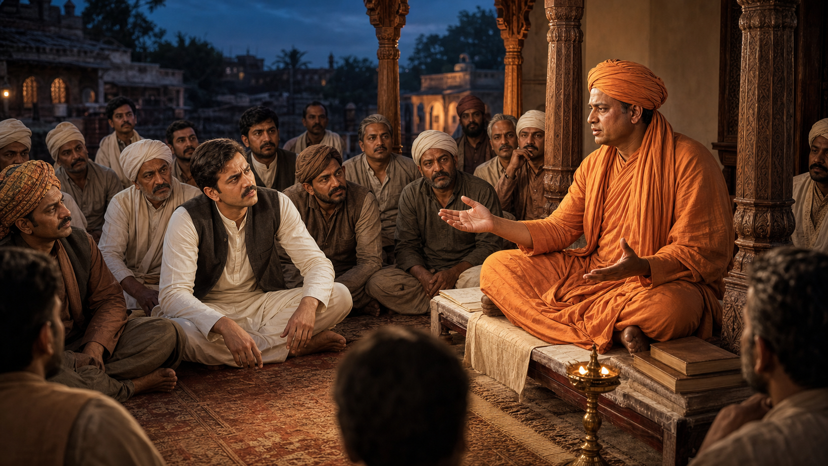 Swami Dayanand addresses a seated gathering by lamplight while the young Munshi Ram listens with an intent and skeptical expression.
