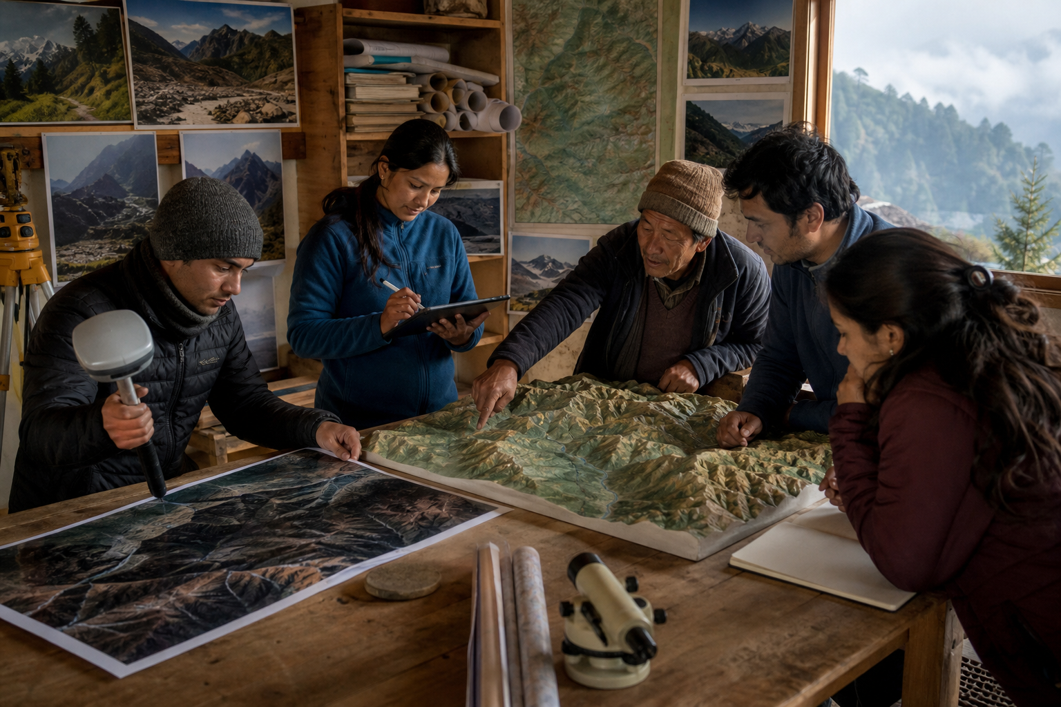 Cartographers, surveyors and local residents examine a raised-relief map and field-mapping equipment in a mountain office.
