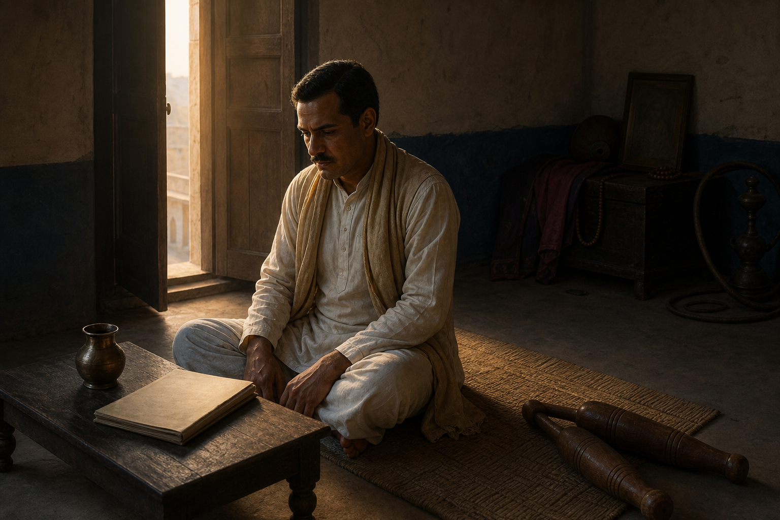 Munshi Ram sits in disciplined reflection before dawn beside a low desk, water vessel, manuscript, and wooden exercise clubs.
