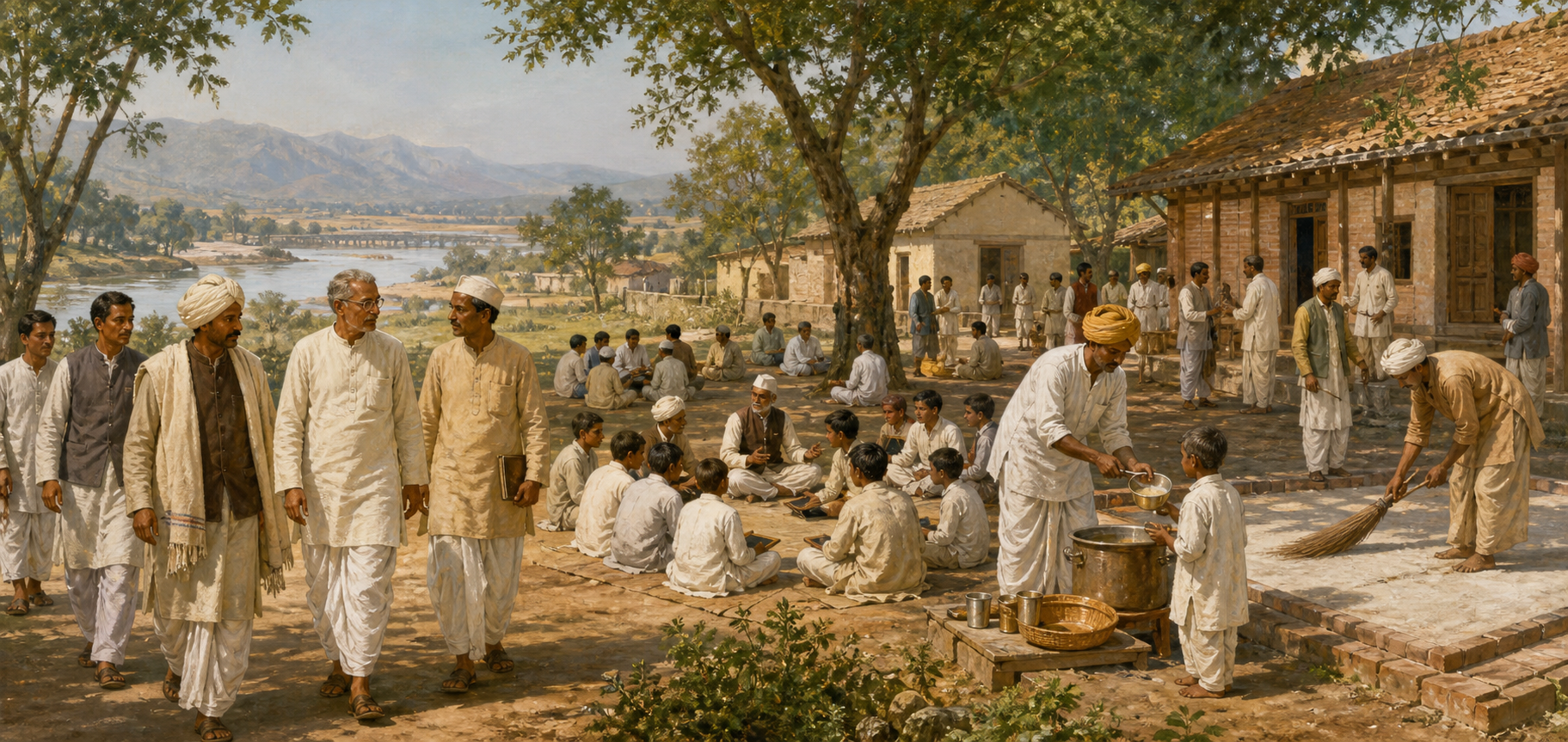 An older Munshi Ram walks through a North Indian learning community where teachers, students, and volunteers study, serve food, and maintain the grounds.