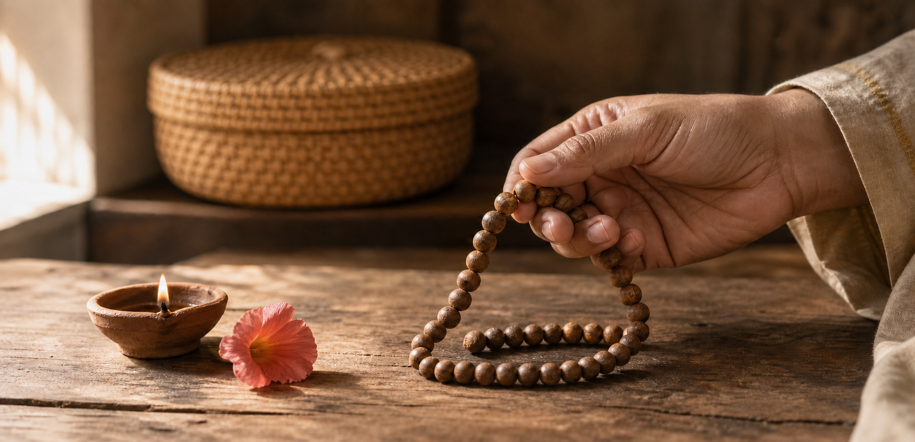A hand lifts a wooden mala beside a clay oil lamp and a fresh flower on a low wooden surface.