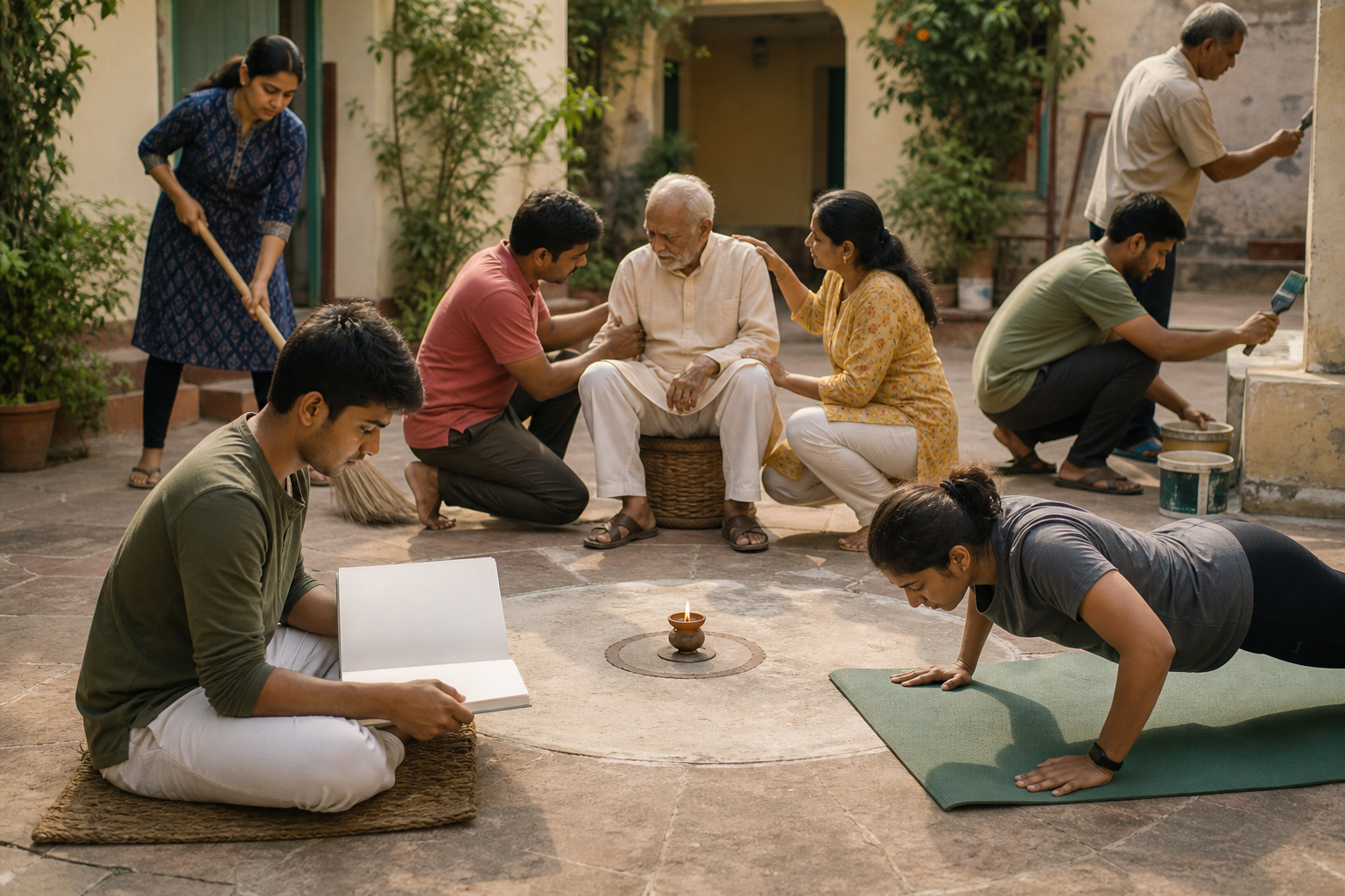People of different ages study, exercise, care for an elder, and repair a shared courtyard around a small oil lamp.