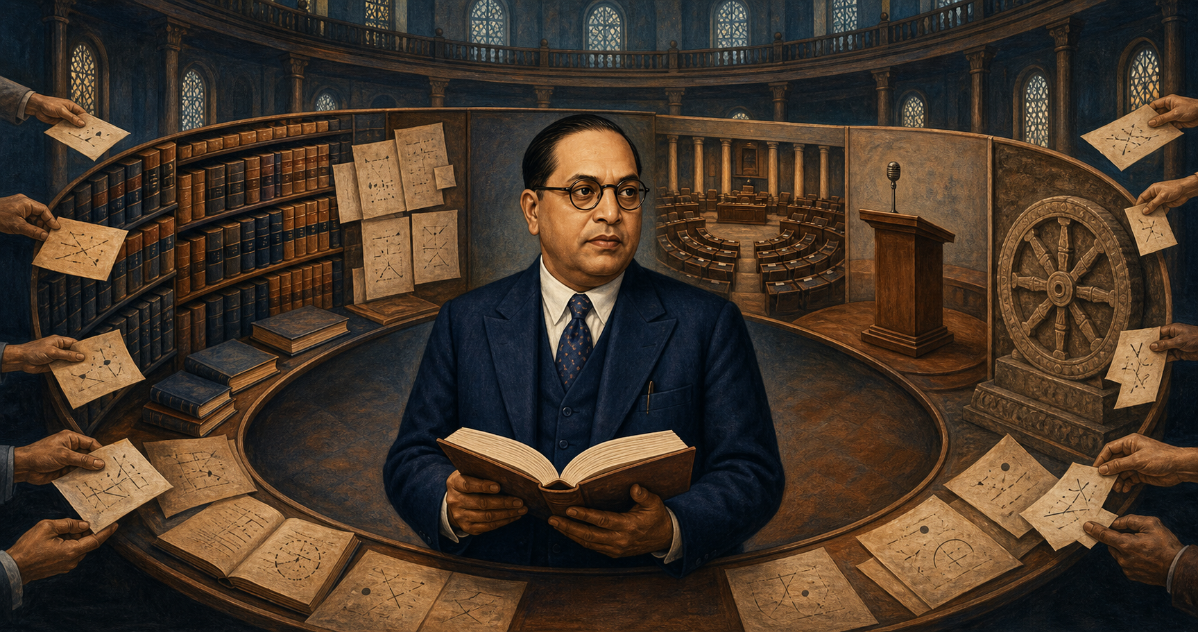 Editorial illustration of B. R. Ambedkar reading in a circular library, surrounded by books, manuscript pages, a constitutional chamber, a lectern, and a Buddhist wheel while anonymous hands reach toward separate pages.