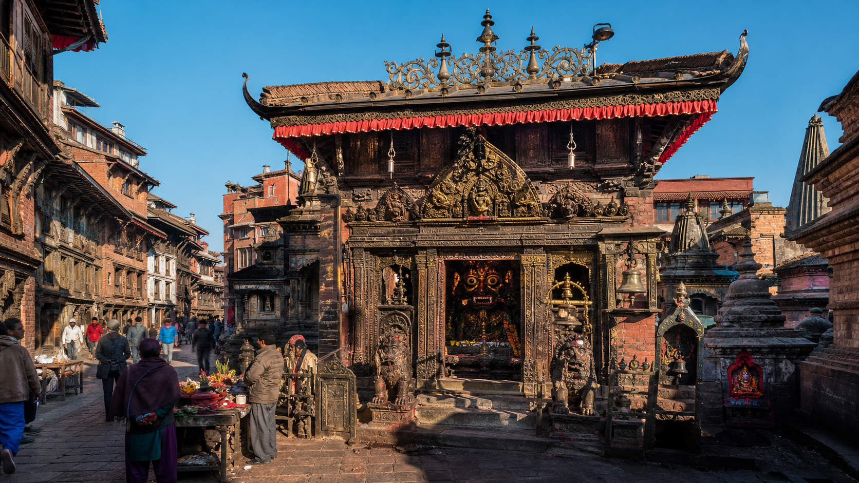 Akash Bhairav temple amid pedestrians and market activity in Kathmandu's Indra Chowk, beneath a clear blue sky.