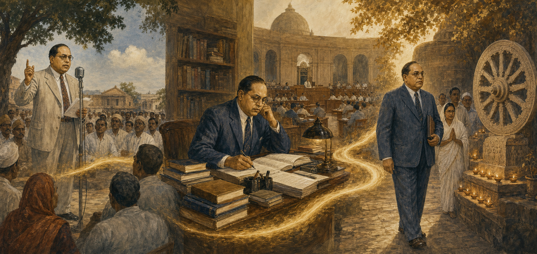 Panoramic illustration of Ambedkar moving from a 1930s public gathering through years of study and constitutional work to a 1950s Buddhist gathering with a dharma wheel and oil lamps.